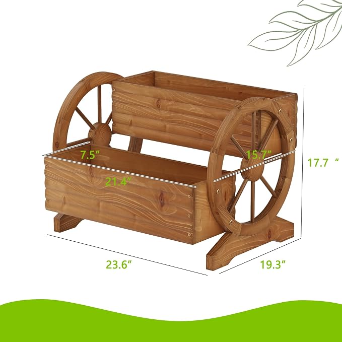 Wooden Wagon Planter with Wheels, Brown, Large | Flower Pots Outdoor Flower Cart, For Patio Balcony Decoration, Succulent Flower Pot, Indoor Backyard Yard Decor
