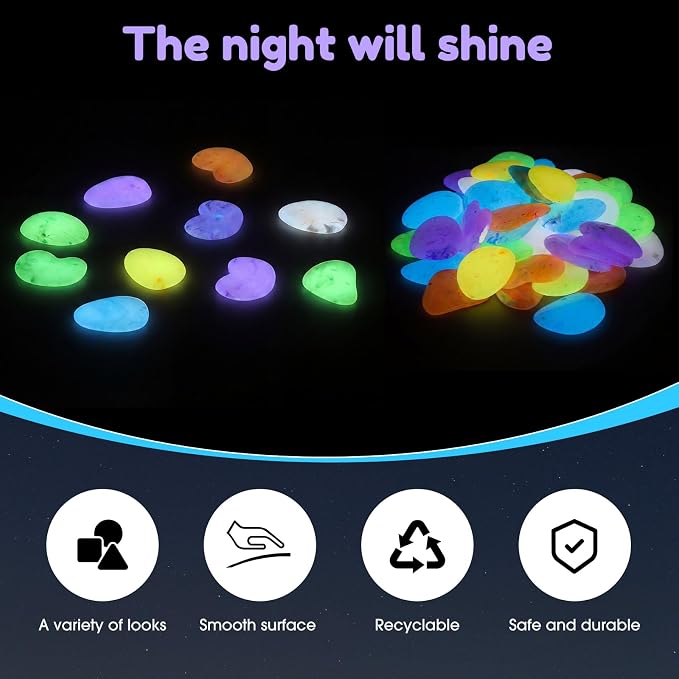 Landical 100 Pcs 1.8 Inch Large Glow in The Dark Rocks Pebbles Outdoor Fish Tank Rocks Aquarium Gravel Luminous Stones for Walkway Succulent Plant Halloween Decor (Colorful)