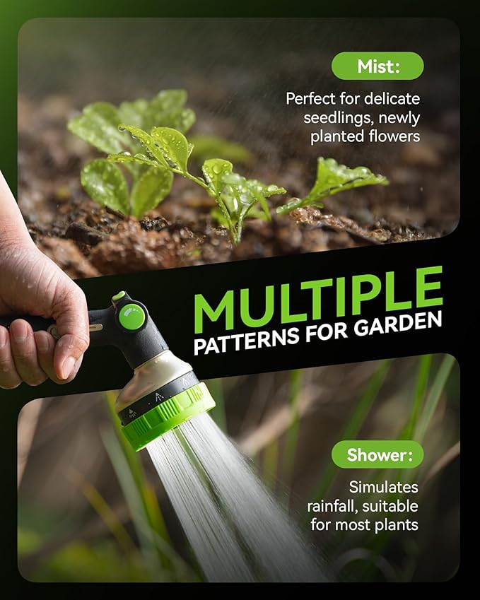 RAINPOINT Hose Sprayer Nozzle Heavy Duty - 2 Pack 8 Spray Patterns Garden Hose Nozzle with Adjustable Flow Control for Watering Plants, Washing Cars,Washing Pets, Thumb Control (2 Packs, Green)