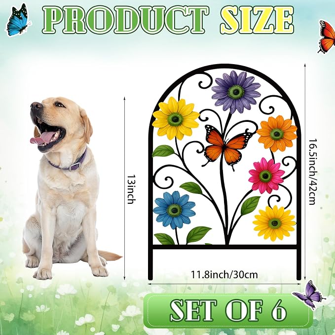 Yaocom Flower Decorative Garden Fence, 6 Pack 16.5''h x 11.8''w Metal Animal Barrier Border, Floral Butterfly Design Arched Garden Fence Panels for Spring Outdoor Yard Lawn Patio Flower Bed Decor