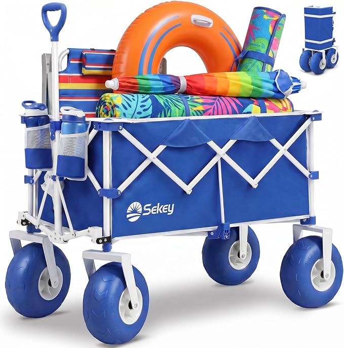 Sekey Heavy Duty Beach Wagon with 9" Big Sand-Proof Wheels – 600lb Capacity, 200L Oversized Foldable Cart | Adjustable Handle & All-Terrain Tires for Sand, Camping