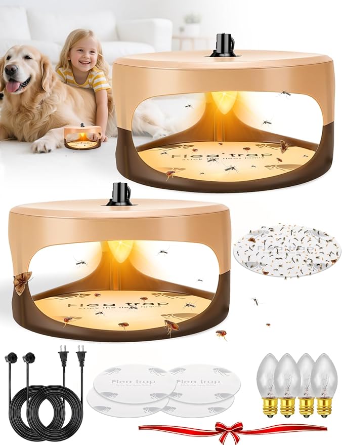 Flea Traps for Inside Your Home,New Bed Bug Trap with Light Refills and Sticky Pads,Electronic Fly Gnat Traps Indoor,Sticky Flea Bombs for Home Indoor(Beige, 2 Pack) | Warm light and adhesive pads for indoor flea activity monitoring near sofas, carpets...