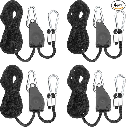 uxcell 4 Pairs 1/4" Adjustable Rope Hanger, 9.84ft(3 Meter) Heavy Duty Ratchet Tie Down Strap with Rope Clip Hanger for Hanging Plants, Grow Light and Various Tie-Down Uses, Black