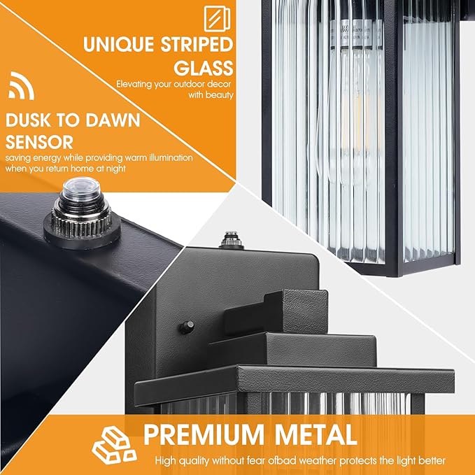 2 Pack of 13 Inch Matte Black Outdoor Wall Lights, Dusk to Dawn Waterproof Exterior Light Fixtures for Porch, Symmetrical Front Door & Garage Entry