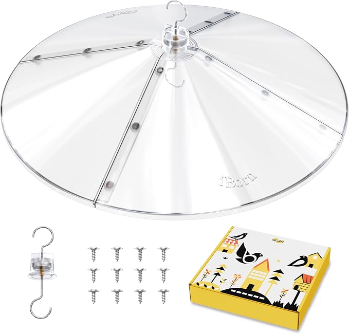 iBorn Glass Hummingbird Feeder for Outdoors Hanging,8 Ports for 16oz,Red+19.5” Oversized Birdfeeder Baffle, Squirrel Defender,Chew-Proof PC, Transparent