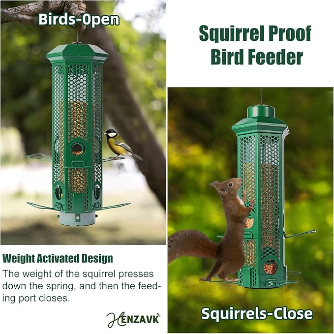 Squirrel Proof Bird Feeders with Removable Base, Metal Wild Bird Feeder for Outdoors Hanging, 6 Weight-Activated Ports Perches, 3LB Seed Capacity(Green)