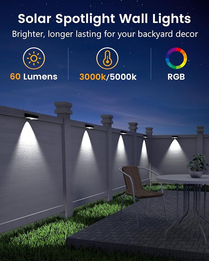 JOFIOS Solar Fence Lights Outdoor, 8 Pack, 50LM Ultra Bright, 3 Color Temperatures & RGB, IP65 Waterproof, Dusk-to-Dawn Solar Powered Fence Lights for Patio, Railing (Black)