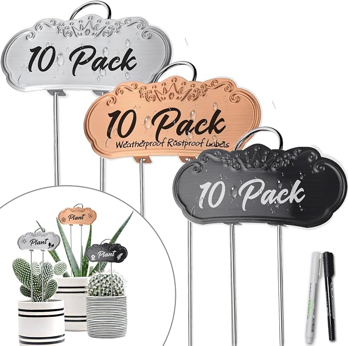 30 Packs Metal Plant Labels, Tall Outdoor Garden Markers for Flowers, Fruits and Vegetables, 304 Stainless Steel Weatherproof Signs (4" x 1.9", Silver, Black and Gold)
