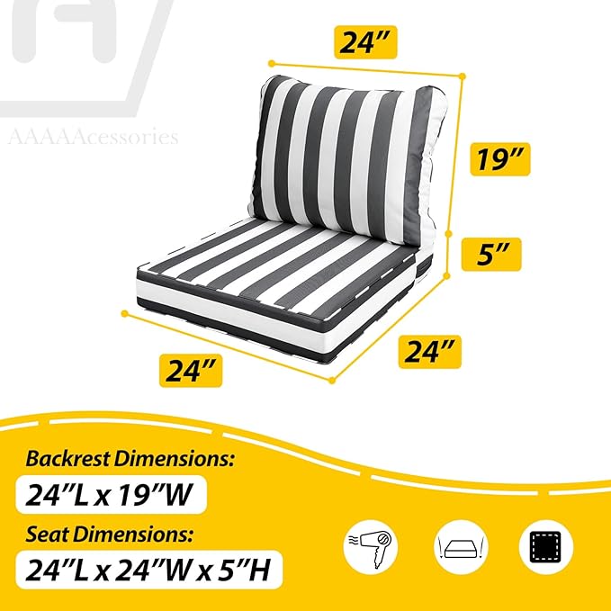 AAAAAcessories Outdoor Seat Cushions for Chairs, Fade-Resistant, Waterproof Patio Furniture Replacement Cushions, 24" x 24" x 5" + 24" x 19", Gray Cabana Stripe
