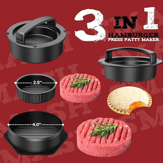 Grilliance 4pcs Smash Burger Press Kit, 3 in 1 Hamburger Press Patty Maker, Cast Iron Burger Press, Cleaning Pad Set for Grill, Griddle, Flat top, Kitchen, Cooking