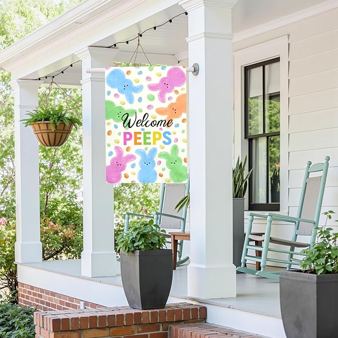Welcome Peeps Easter Garden Flag 28x40 Inch Large Outdoor Spring Double Sided Bunny Egg House Banners Colorful Porch Garden Flag Holiday Home Flags Decor Durable Seasonal Welcome Sign