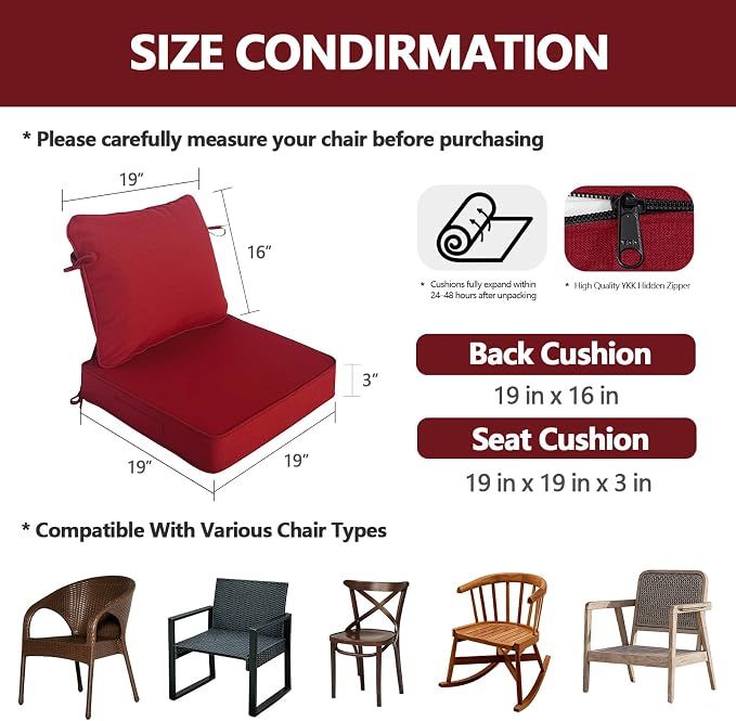 Goodgoods 19"x19" Outdoor Universal Cushion Set of 1 Water-Proof Stain-Resistant UV Resistant Weather Resistant High Resilience Foam Patio Cushions with Handles & Ties Chili