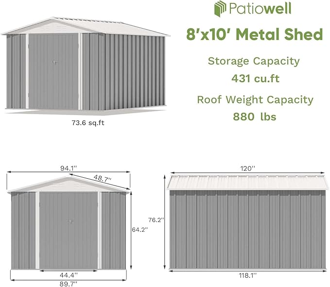 Patiowell 8x10 FT Outdoor Storage Shed, Large Garden Tool Metal Shed with Sloping Roof and Lockable Door, Outside Sheds for Backyard Garden Patio Lawn, Gray