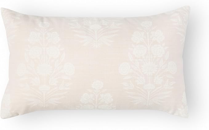 Crumbs Home Modern Farmhouse Fall Linen Indoor Outdoor Lumbar Pillow Cover Only, 12"x20" Water Repellent for Patio, Backyard, Couch, Neutral Beige Floral