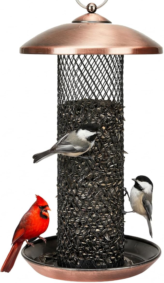 Kingsyard Mesh Tube Bird Feeders for Outdoors Hanging, All Metal, Wild Bird Feeder for Sunflower Seeds or Mealworm, Large Tray & Weatherproof Roof, 2.5 lbs Capacity (Antique Copper)