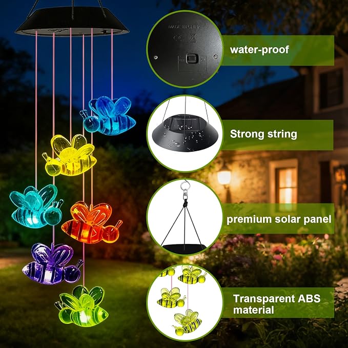 7-Color Light Changing Bee Solar Lights for Outside, Solar Lights Gifts for Father's Day, Solar Bee Wind Chimes Gifts for Women, Mom, Grandma, Garden Yard Lawn Outdoor Decor Mobiles