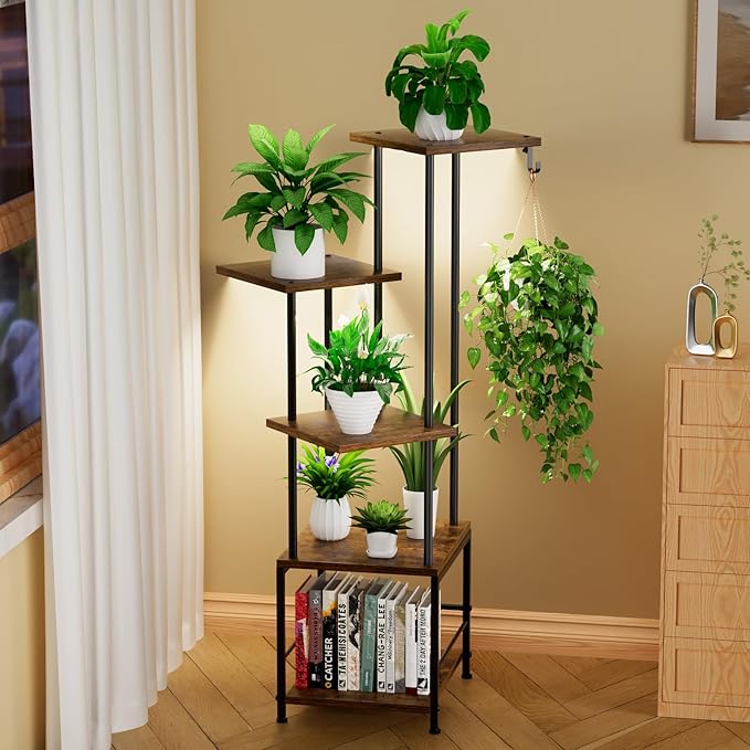 Homsorout Plant Stand Indoor with Grow Light - 5-Tier Metal Plant Shelf with Hanging Basket Hook, Corner Tall Flower Holder for Multiple Plants, Living Room Balcony Garden Patio, Rustic Brown