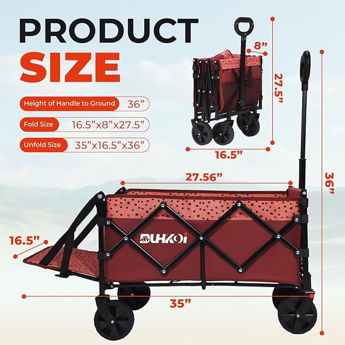 Compact Foldable Tailgate Wagon Cart with Wheels, 12 lb Lightweight Small Folding Utility Wagon for Garden, Grocery, Beach, Camping - Portable Cart (Red)
