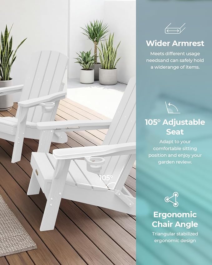 Folding Adirondack Chair, HDPE All-Weather Fire Pit Chairs, Plastic Adirondack Chairs with 2 Cup Holder, Outdoor Lawn Chair for Patio Garden (White)