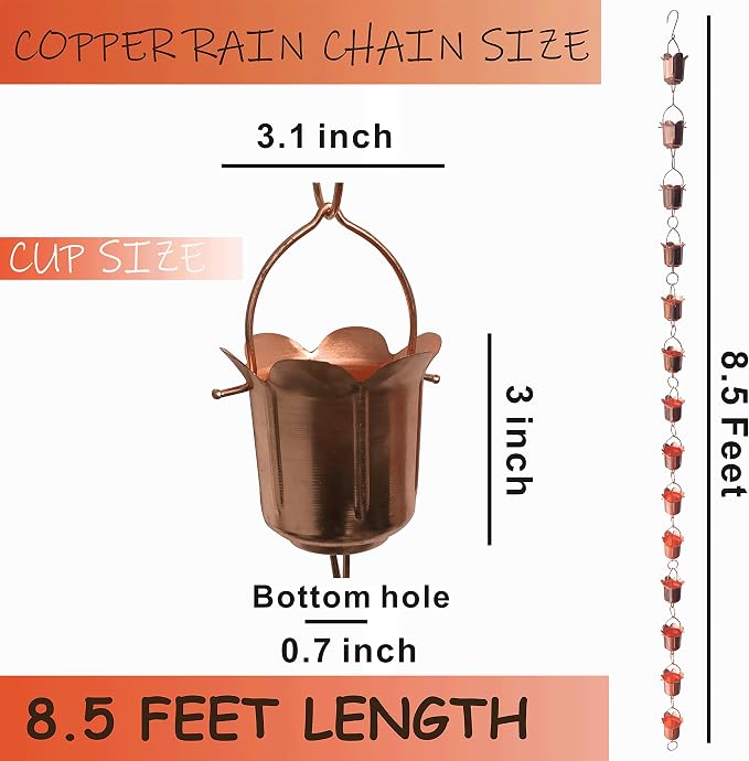 Rain Chains - Pure Copper Tulip Rain Chains for Downspouts. 8.5 Feet Length. Free Gutter Adapter. Windchime and Fountains on Rainy Days.