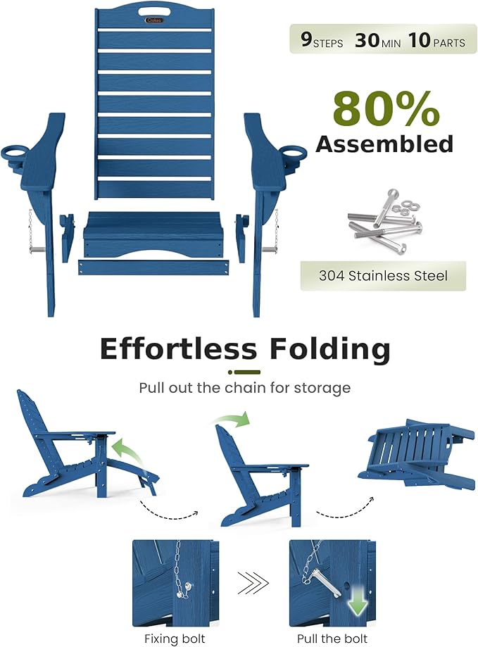 Ciokea Folding Adirondack Chair Set of 4 with Retractable Ottoman Fire Pit Patio Chair with Pull Out Foot Rest Weather Resistant Lawn Outdoor Chair with 2 Cup Holder (Navy Blue)