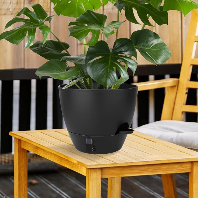 QRRICA 12/10/9 Inch Self-Watering Plant Pots with Water Level Indicator, Drainage Holes & Saucers – Large Plastic Planter Set for Indoor & Outdoor Plants (Pure Black)