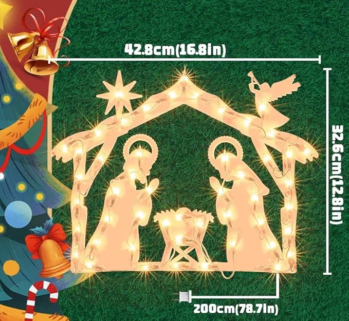 Christmas Window Silhouette Lights, Lighted Nativity Double Sided Decorations with 50 Count Incandescent Mini Light for Holiday Indoor Wall Door Glass Decor