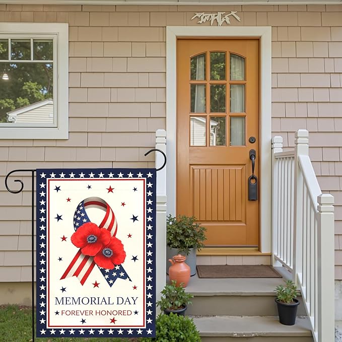 Memorial Day Garden Flag Forever Honored Patriotic Outdoor Yard American Flags Ribbon Poppy Honor Fallen Soldiers Military Remembrance House Banner Porch Patriotic Home Decor 12x18 Inch