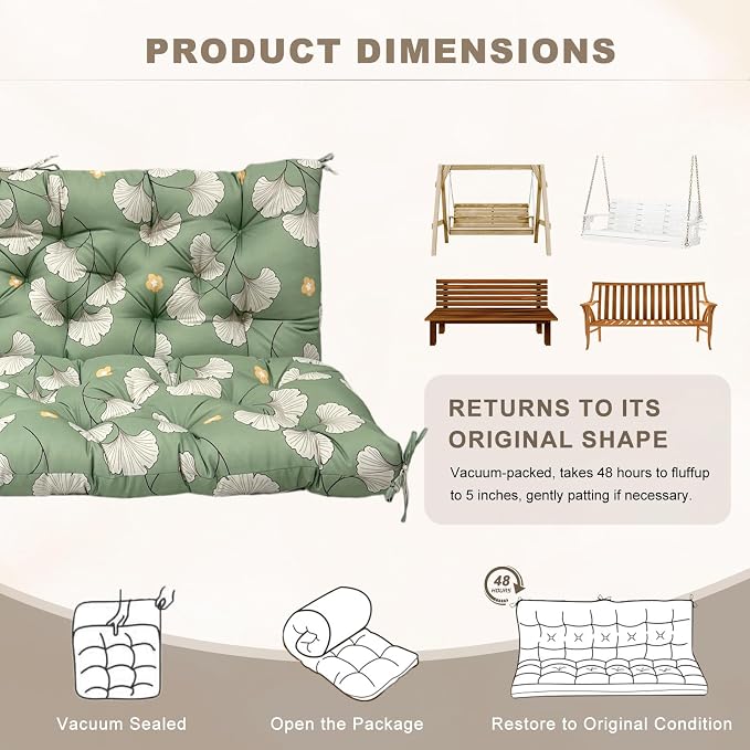 Porch Swing Cushion with Backrest,Waterproof Bench Cushion for Outdoor Furniture,2-3 Seater Replacement Thickened Swing Cushion with Ties,Patio,Outdoor,Backyard and Garden (Ginkgo Breeze,60x40")