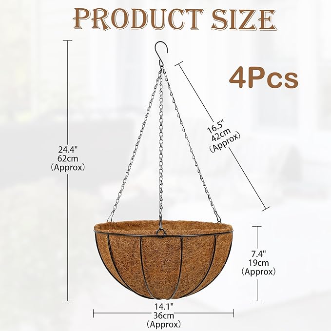 14 Inch Metal Hanging Basket with Coco Coir Liner for Flowers Planting, 4 Pack Hanging Baskets for Plants Outdoor, Round Wire Planters with Chain for Home Patio Porch Balcony Garden Decor