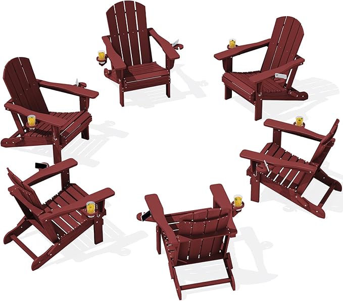 SERWALL Adirondack Chair with Cup Holders - Composite Adirondack Chairs Set of 6 HDPE Outdoor Chairs All Weather Use- Dark Red