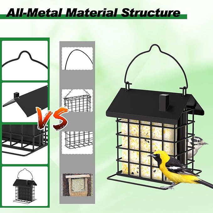 Gbekery All-Metal Double Suet Bird Feeder for Outdoors Hanging, Suet Cake Cage Holder with Weather-Resistant Roof & Perch for Outside Garden, Black