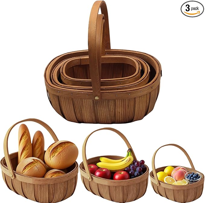 3Pack Harvest Basket, Garden Baskets with Handles, Handmade Woven Fruits Vegetable Storage Serving Holder, Gift Packing Woven, Flower Girl