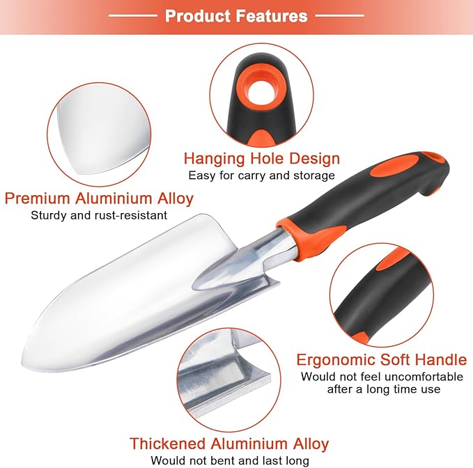 Garden Tools Set, 3 Pack Heavy Duty Gardening Tools Set Include Garden Shovel, Transplant Trowel and Hand Rake with Ergonomic Handle, Aluminum Alloy Lawn for Planting, Orange
