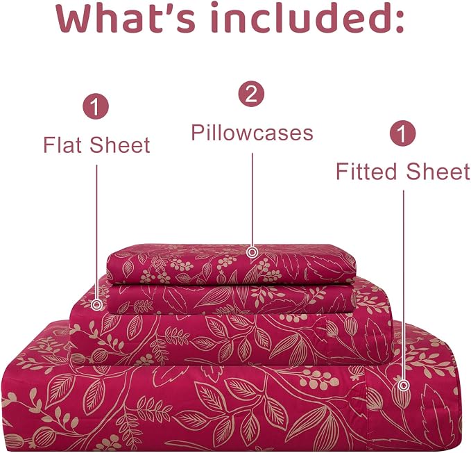 QSH Floral King Size Sheet Sets - 100% Egyptian Cotton Floral Bedding Sheets Red Flower Pattern Botanical Printed Bedding King Size Bed Sheets 17.5" Extra Deep Pocket 4pcs