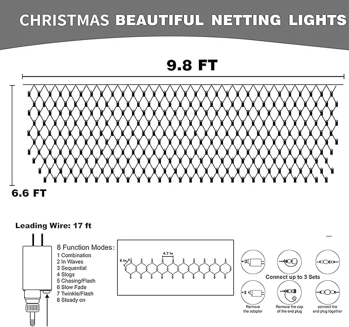 Dazzle Bright Christmas Net Lights, 360 LED 12FT x 5 FT Transparent Wire Waterproof Connectable String Lights with 8 Modes Christmas Decoration Outdoor Lights for Bushes Garden Party Holiday (Blue)