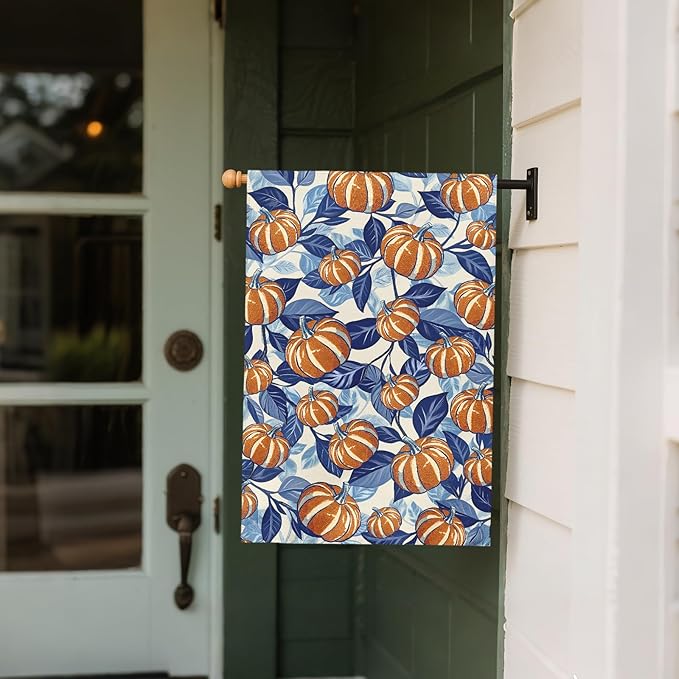 Blue Burnt Orange Fall House Flag 28x40 Inch Autumn Pumpkin Leaf Harvest Theme Thanksgiving Decorative Garden Flags for Outside Double Sided Outdoor Home Farmhouse Decoration Yard Porch Decor