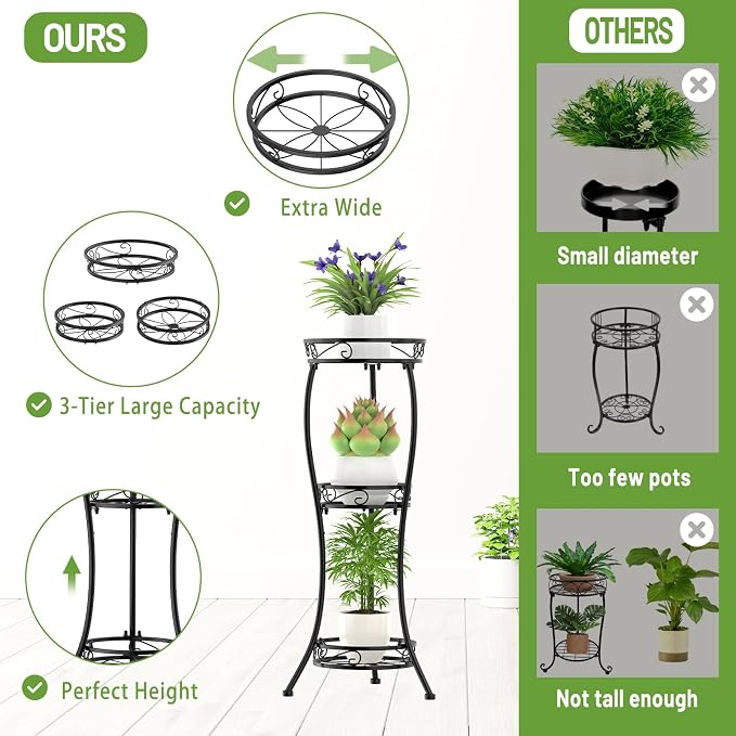 iDavosic.ly 3 Tier Plant Stand for Indoor Outdoor Set of 2, 34 Inch Vertical Flower Pot Display Holder Shelf and Metal Tall Corner Orchid Rack for House Patio Balcony Garden Living Room Porch, Black