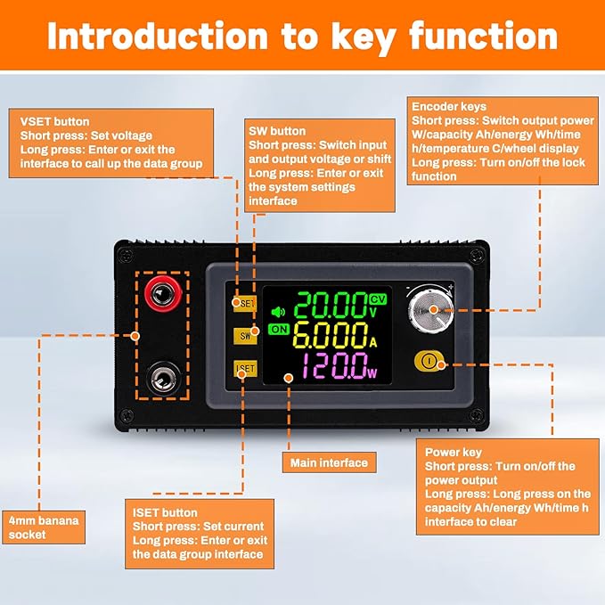 ZPSHYD Adjustable DC Power Supply 120W - SK120 CNC Buck Boost Voltage Regulator Module with MPPT Solar Charging, 0-36V 0-6A Constant Voltage Current, LCD Display