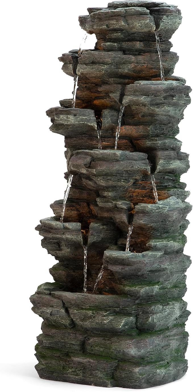 Glitzhome Outdoor Water Fountain, 9-Tiered Rock Floor Fountain with Cascading Water, 39.25" H Polyresin Waterfall Fountain with Pump and LED Light Outdoor Water Feature for Garden Yard Patio Porch