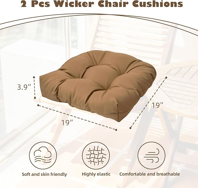 Outdoor Tufted Seat Cushions, 2 Pack Patio Wicker Chair Cushion with Ties, Waterproof Chair Pads Round Corner Cushions 19"x19"x3.9", Black