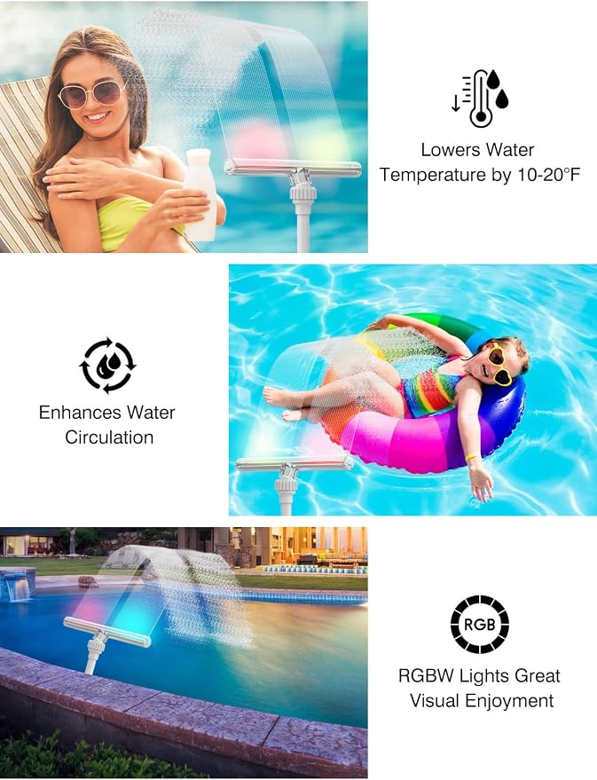 Solar Pool Fountain with 15-Color LED Lights, Adjustable Water Pressure & Spray Angle, Pool Waterfall Sprinkler for Above Ground & Inground Pools, Ponds, Outdoor Decor