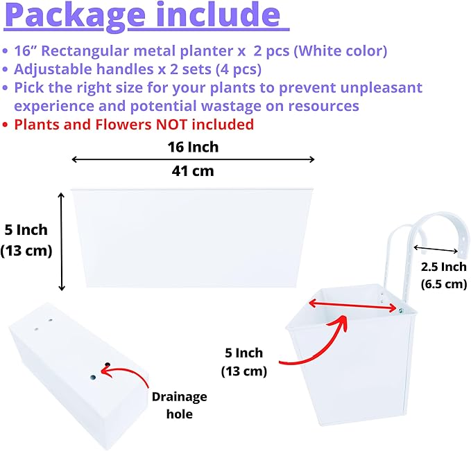 LaLaGreen Rail Planters (16 Inch, 2 Pack) White Metal Rectangle Plants Boxes Hanging Flower Pots Outdoor Planter Patio Decor Apartment Balcony Deck Railing Fence Rail Decorations Garden Baskets Pot
