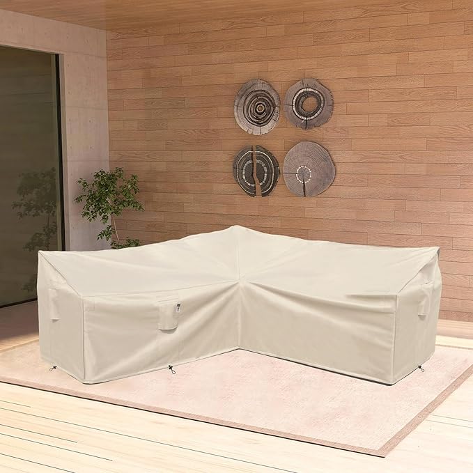 Patio Furniture Covers, Heavy Duty Outdoor Sectional Couch Cover, Waterproof 600D V-Shaped L-Shape Lawn Outdoor Furniture Protector(Natural Beige,V-Shaped-90 x90)
