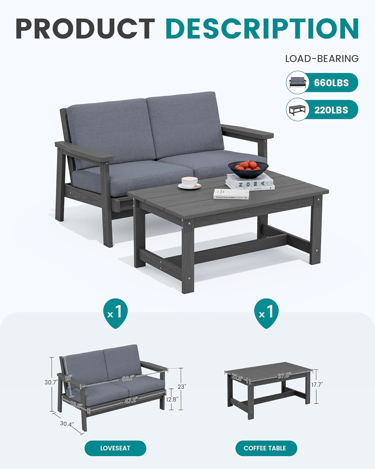 SERWALL Outdoor Loveseat, Grey Frame and Grey Cushion