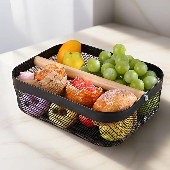 AJIODA Metal Mesh Steel Storage Basket, Garden Harvest Wire Organizer Basket Multi-functional Kitchen Fruit Basket with Wooden Removable Partition & Handle for Bathroom Picnic Decor Cabinet, Black