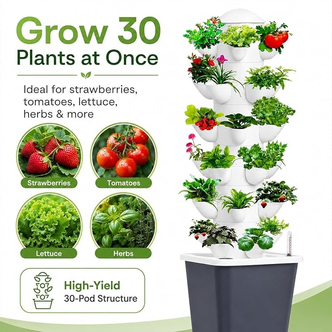 Vertical Hydroponic Tower Garden - 6 Tier Hydroponics Growing System Kit with 30 Pods, Water Tank & Pump, Aeroponic Tower for Herbs, Lettuce, Vegetables & Strawberries, Indoor Outdoor, Gray