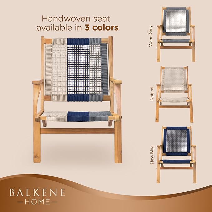 Patio Sense 62773 Vega Natural Stain Outdoor Chair Acacia Wood Construction Hand Woven Seat Mid Century Design Comfortable Reclining Armchair Patio Lawn Garden Backyard Deck - Ecru Cording