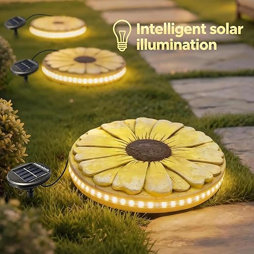 Solar Stepping Stone that Lights Up at Night, 10" Cement Daisy Flower Garden Path Stone, Non-Slip Weather-Resistant Outdoor Yard Walkway Decor (Yellow)