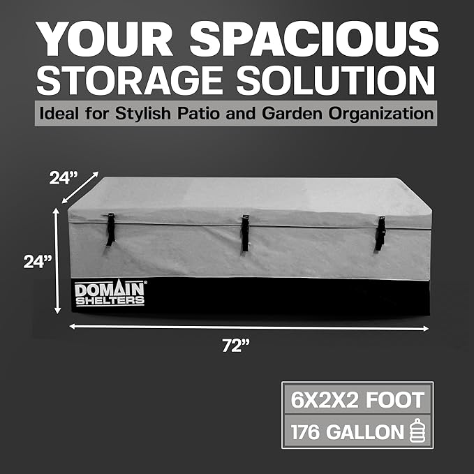 Domain Shelters 176 Gallon 6 x 2 x 2 Foot Outdoor Patio Backyard Garden Storage Container Deck Box w/Removable Weather Bars & Clip Buckles, Gray/Black